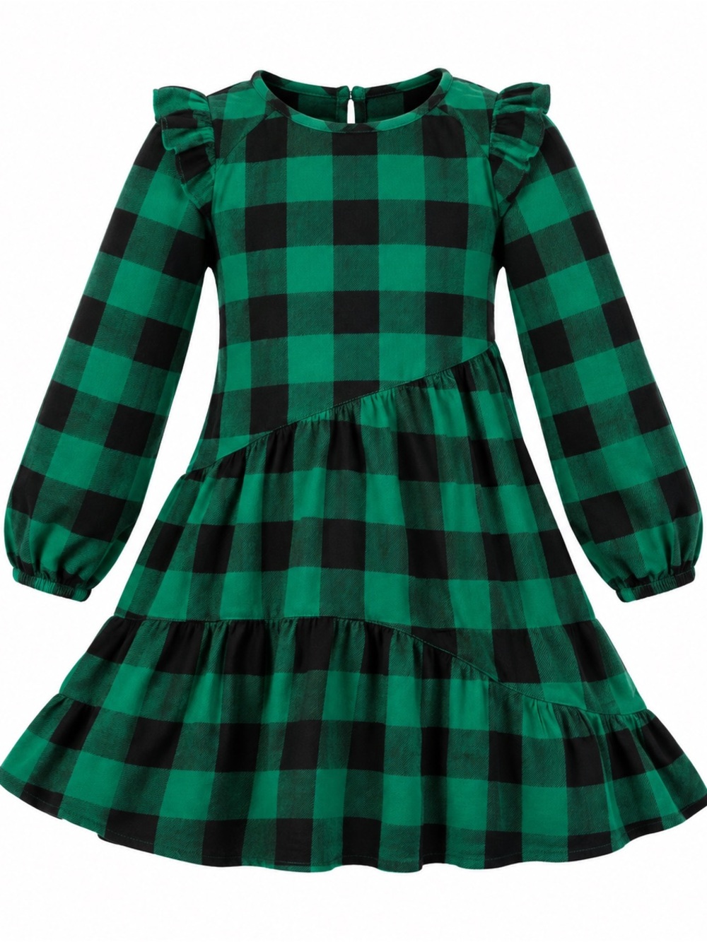 Girls' Green and Black Buffalo Plaid Ruffle Tiered Dress - Kids Casual